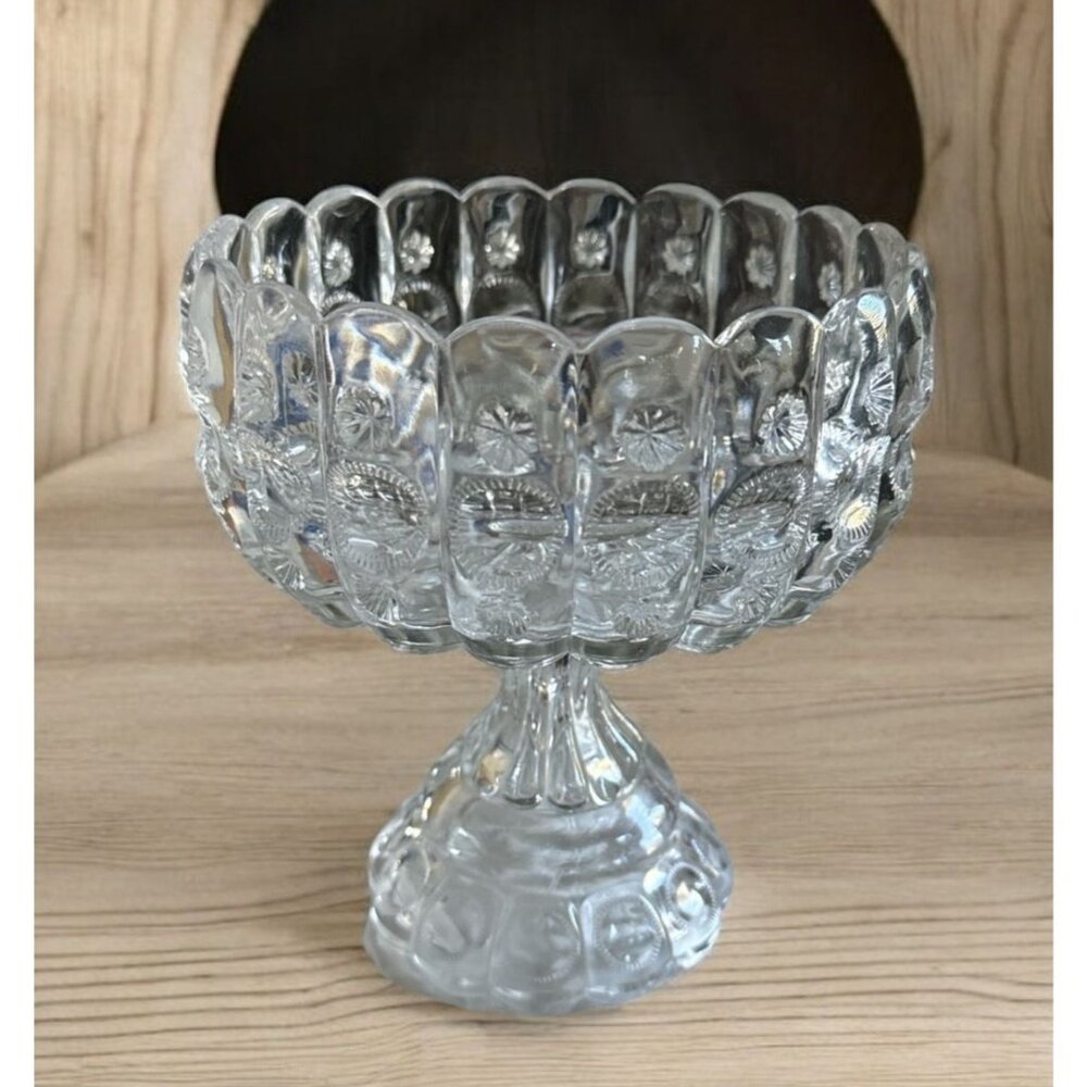 Vintage EAPG Priscilla Alexis Sun and Star Crystal Cut Glass Pedestal Compote